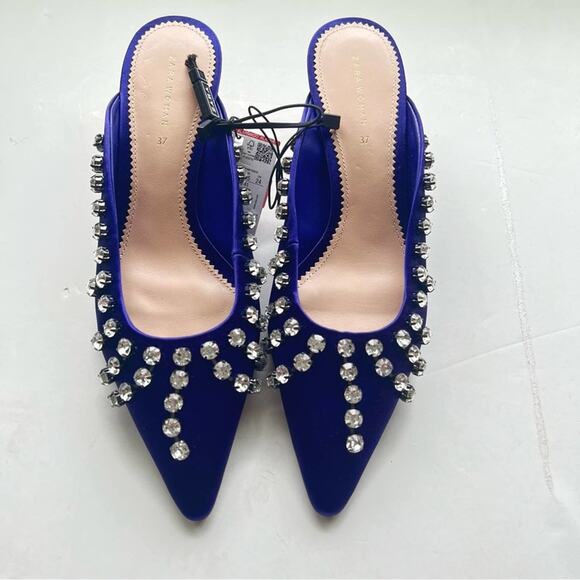 Zara Satin Embellished Rhinestone Fringe Heeled Mules Size 6.5 - Picture 4 of 9